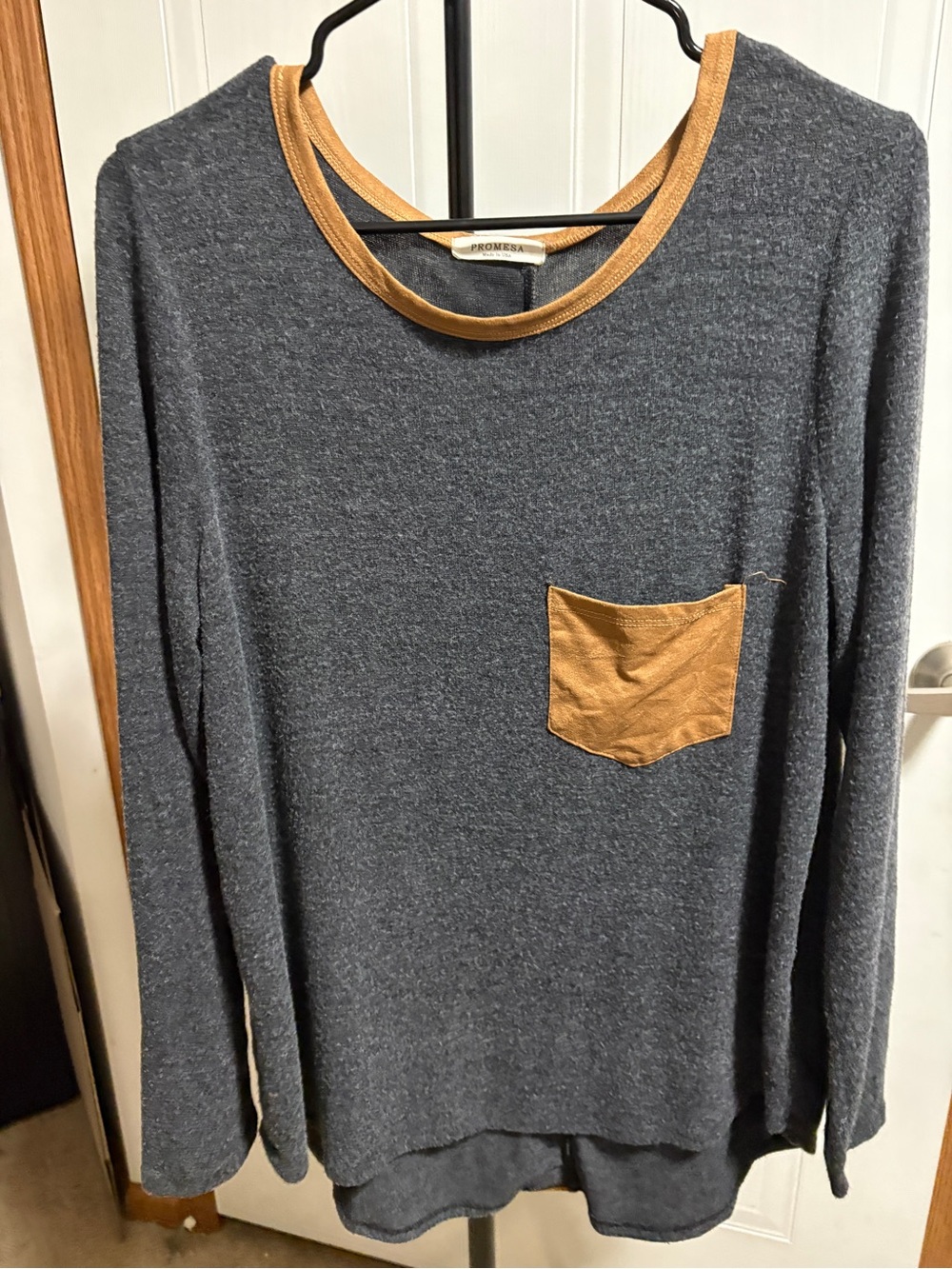 Promesa womens Charcoal Long-Sleeve Shirt with Tan Pocket & Trim